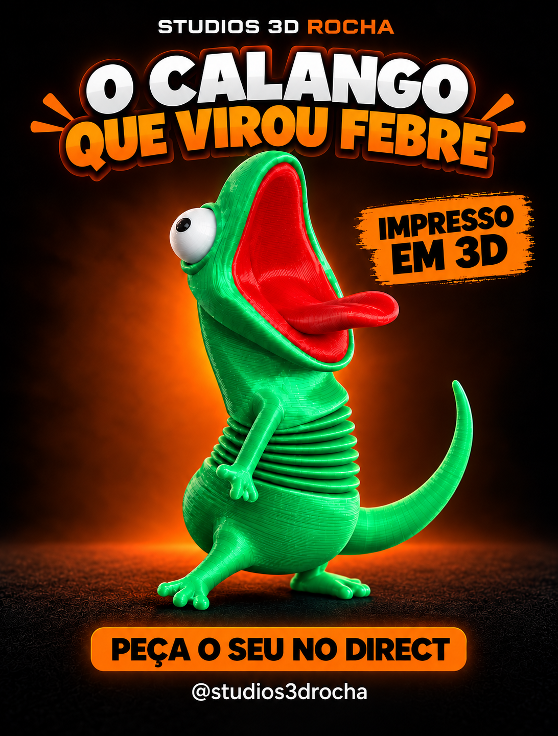 Calango verde com olhos grandes, boca e língua vermelhas, em arte promocional da Studios 3D Rocha