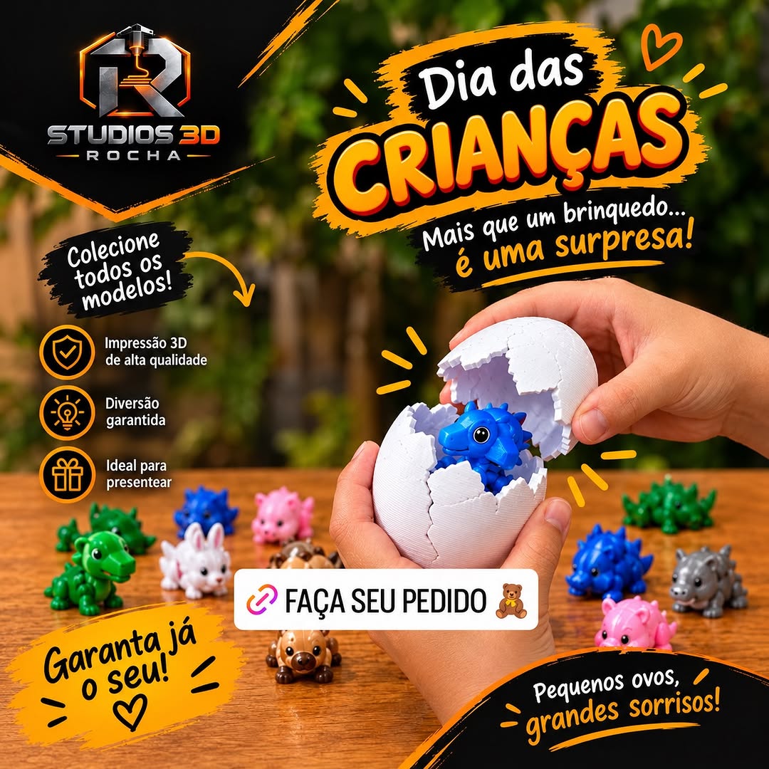 Arte do estúdio com pequenos dinossauros coloridos e um dinossauro azul dentro de um ovo branco