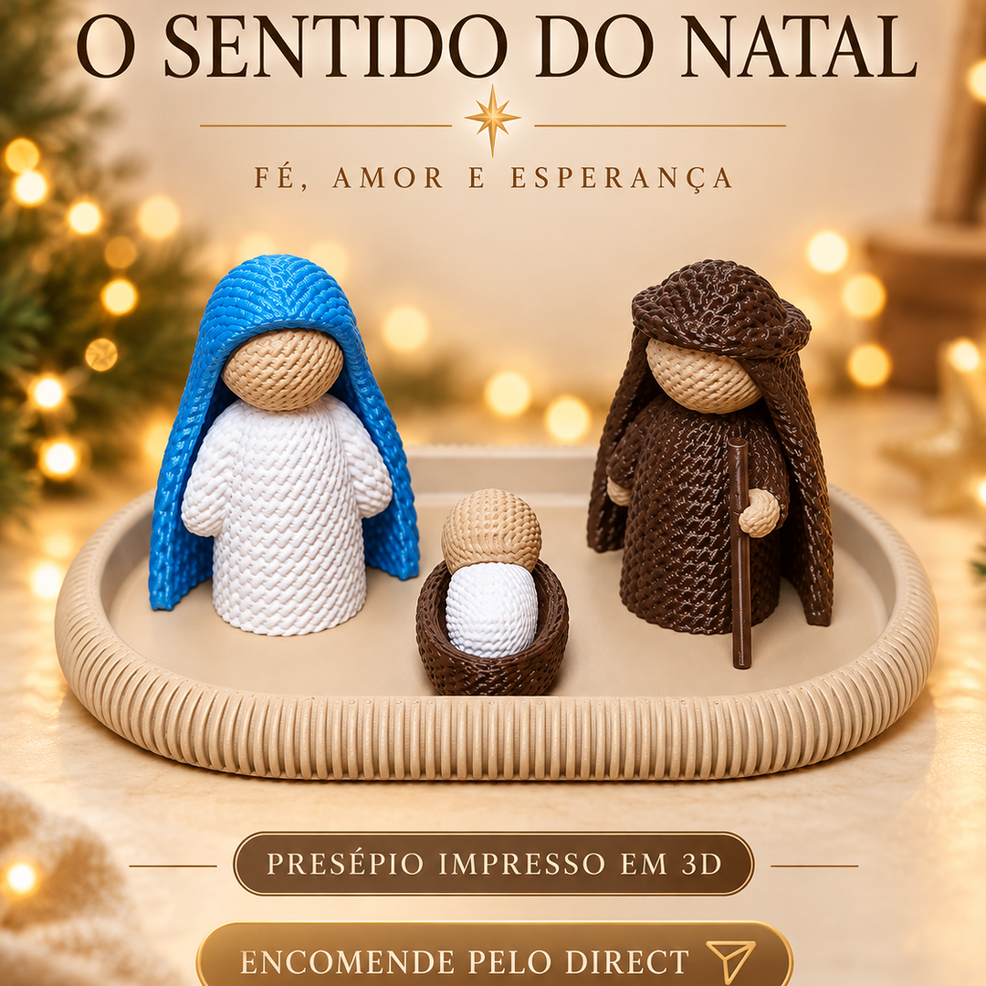 Presépio impresso em 3D com três figuras e textura que lembra tricô, em publicação do estúdio