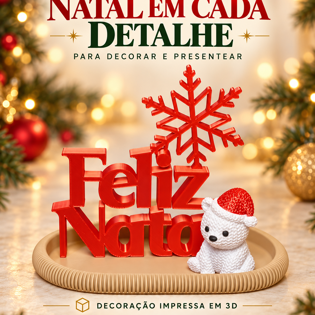 Decoração impressa em 3D com letras vermelhas Feliz Natal, floco de neve e ursinho branco de gorro vermelho