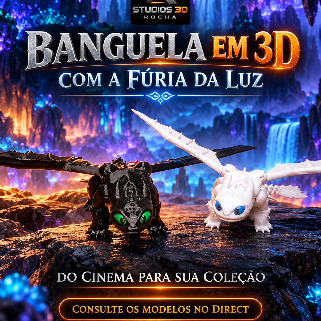 Arte do perfil com Banguela preto e Fúria da Luz branca de asas abertas, em cenário de fantasia.