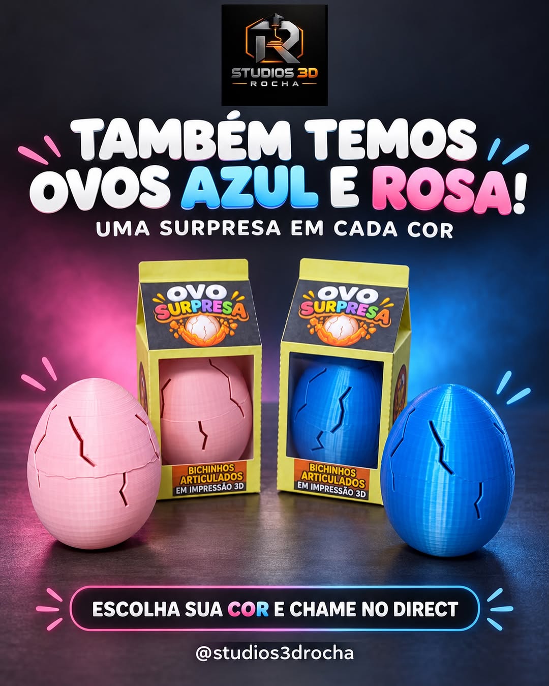 Ovos surpresa de impressão 3D azul e rosa, acompanhados das embalagens
