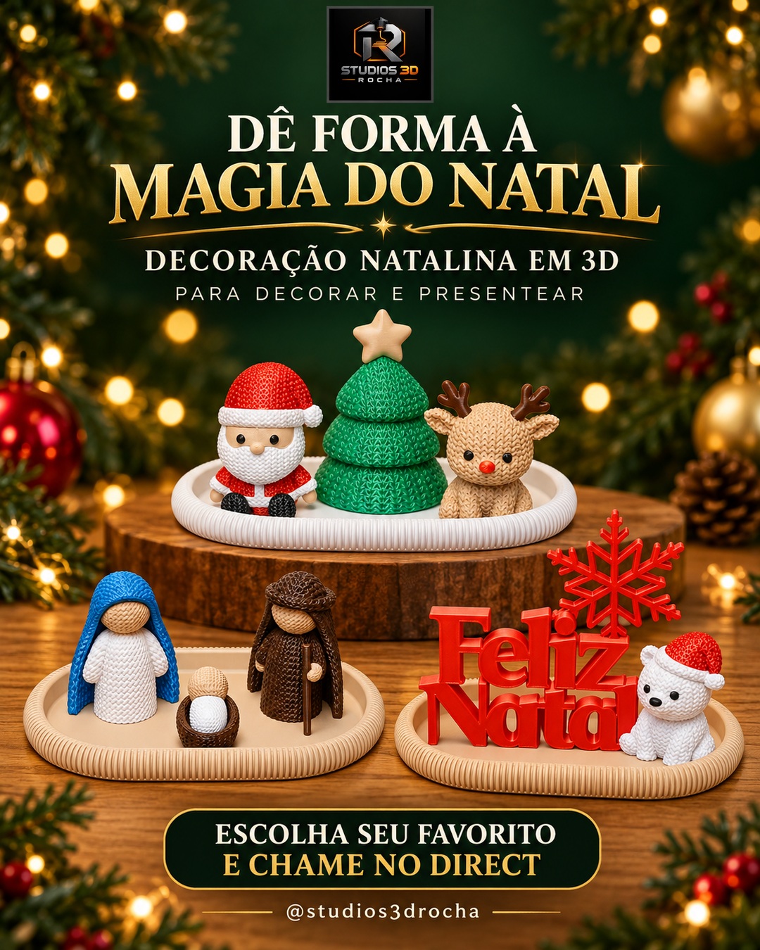 Publicação natalina reunindo o trio Papai Noel, rena e árvore, um presépio e o enfeite Feliz Natal com ursinho