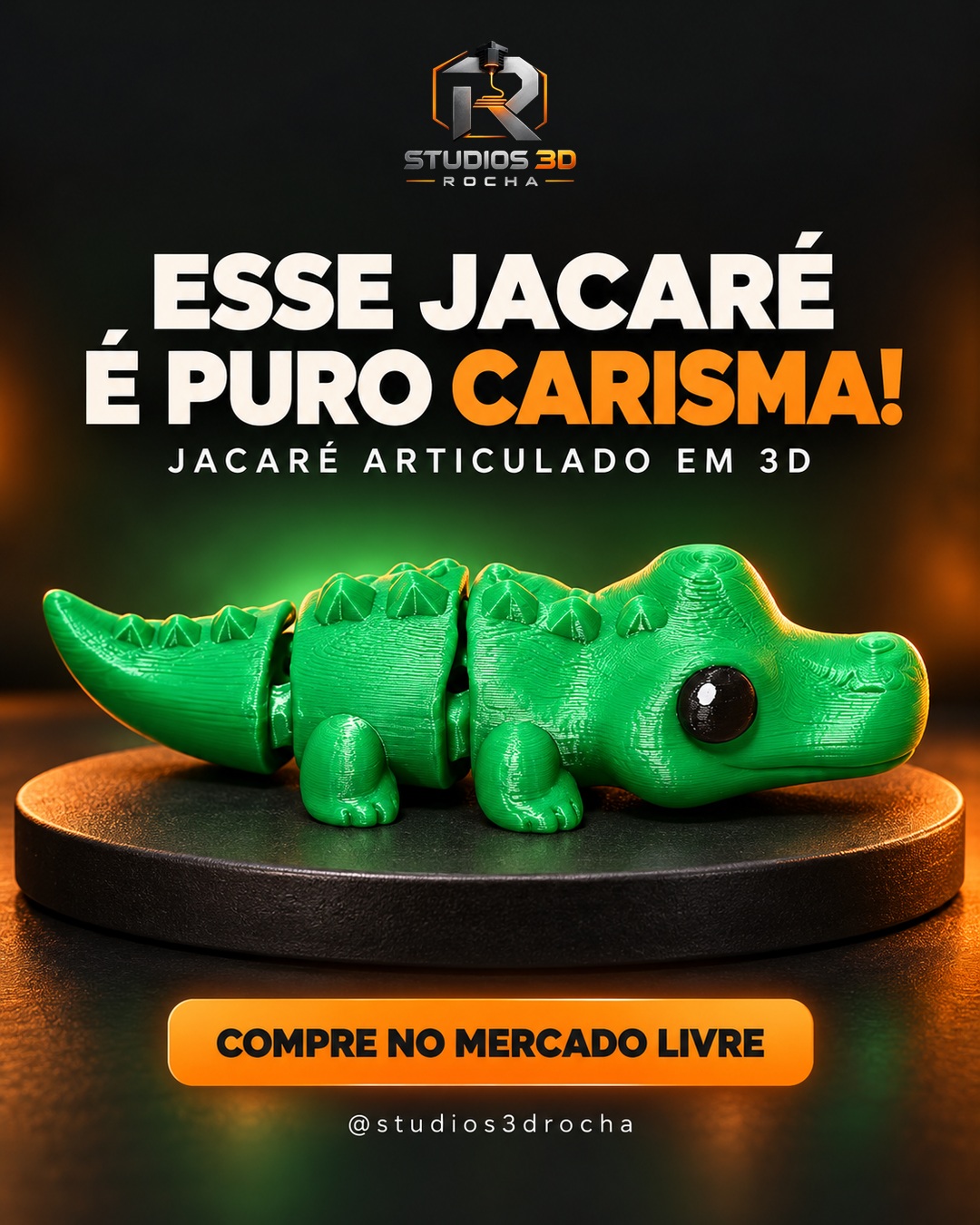 Arte do perfil com um jacaré verde articulado de impressão 3D sobre um pedestal escuro