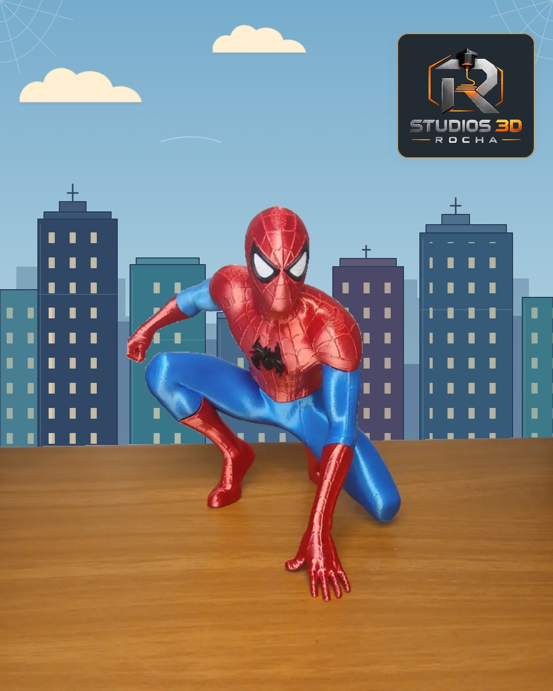 Homem-Aranha vermelho e azul em pose agachada, em arte publicada pelo estúdio.