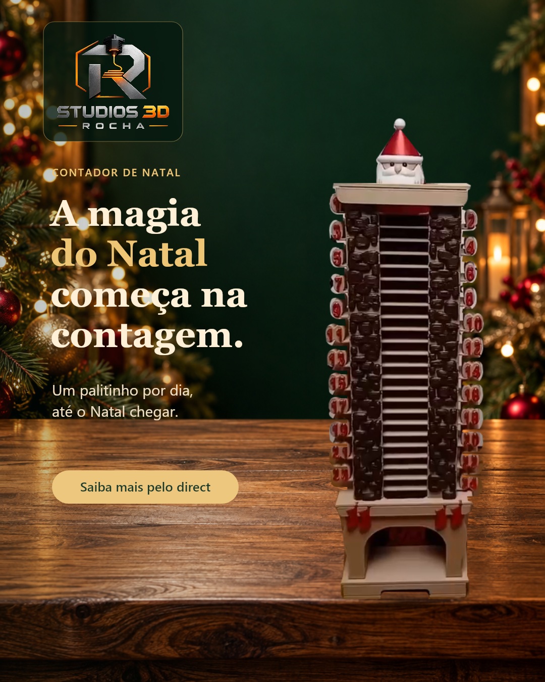 Arte do perfil com contador de Natal, Papai Noel no topo e palitinhos numerados sobre fundo verde natalino.